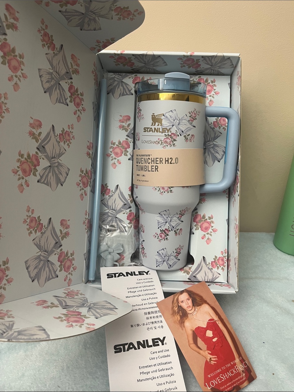 Stanley Light Blue Travel Tumbler with Pink Floral & Gray Butterfly Print